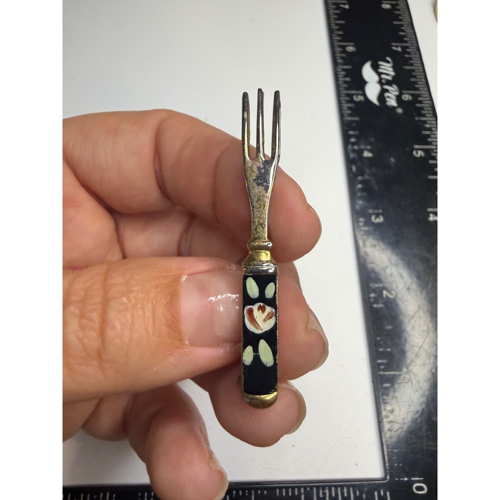 Vintage Miniature Fork Brooch Pin Enamel Floral Rose Gold Tone Novelty Jewelry